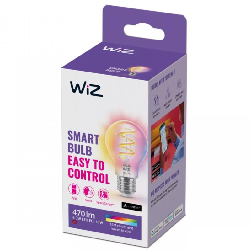 Bec LED RGB inteligent WiZ Connected Filament Clear A60, Wi-Fi,